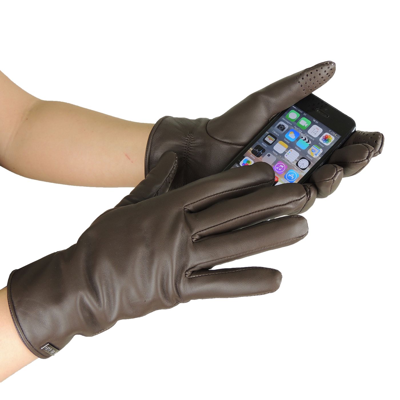 LUVA TÉRMICA FEMININA LISA TOUCH SCREEN EM COURO - COR CAFÉ