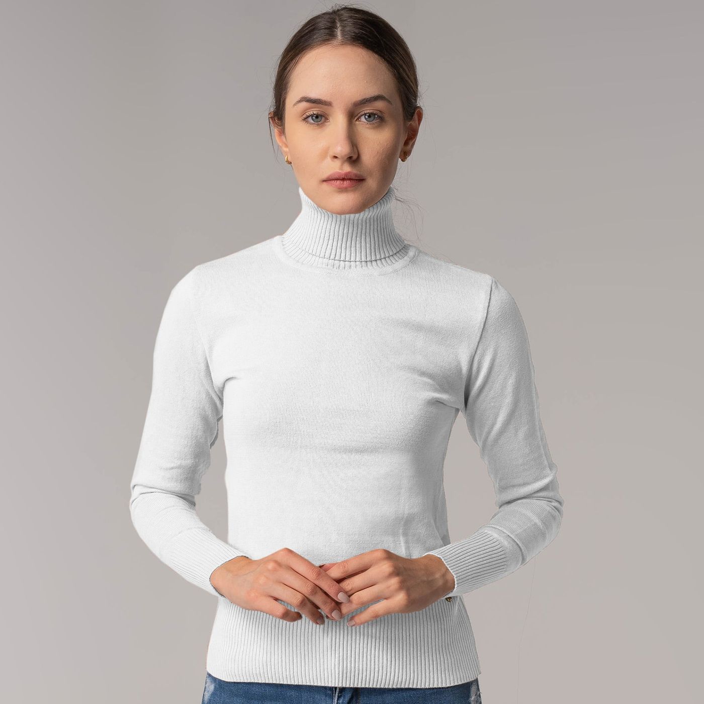 SUÉTER FEMININO TRICÔ PREMIUM VALÊNCIA GOLA ALTA CANELADA