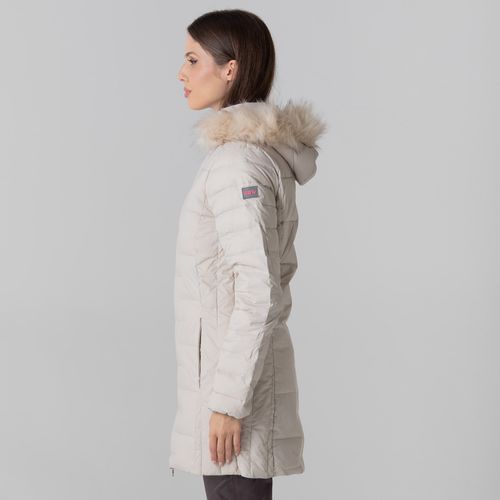 casaco feminino de pluma off white com capuz removivel