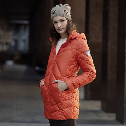 casaco longo feminino puffer laranja acolchoado