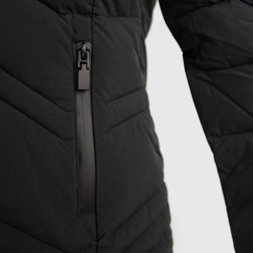 casaco puffer preto com bolsos frontais em ziper