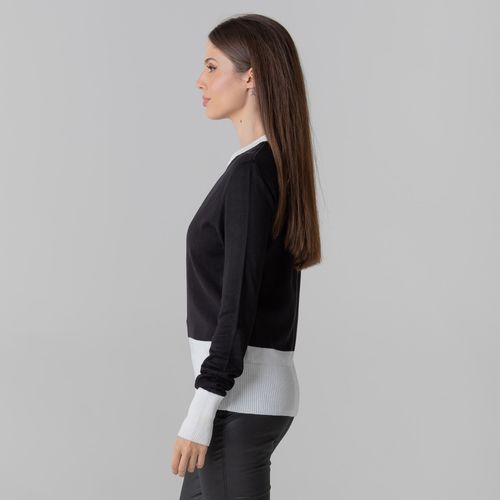 suéter gola redonda tricô preto e branco