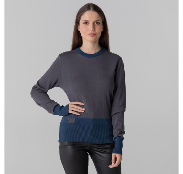 suéter feminino em tricô Polar Fox cinza e azul