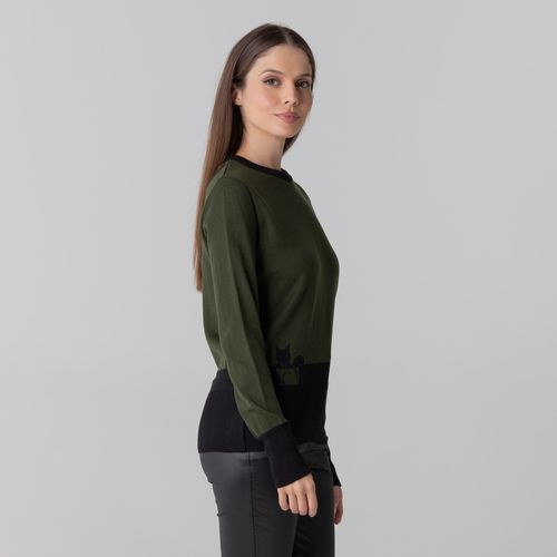 suéter feminino de tricô verde com preto manga longa