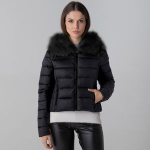 casaco curto puffer feminino preto com pelos