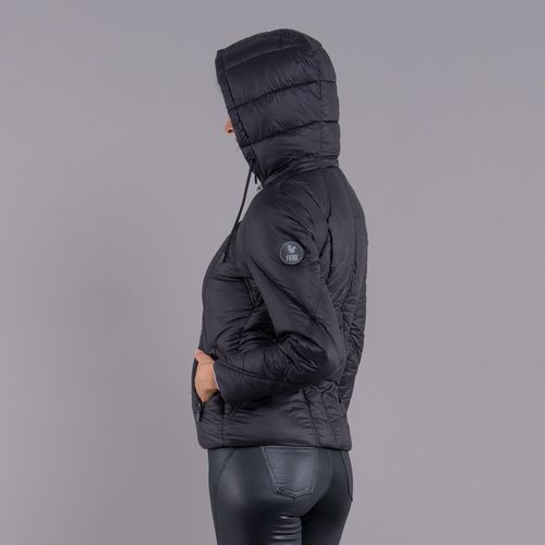 jaqueta feminina puffer preta curta capuz Bansko enchimento Sorona