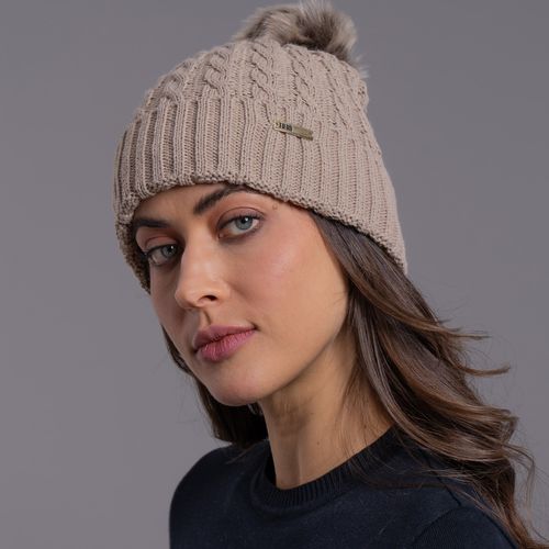 gorro feminino bege com pompom em tricô Vielas