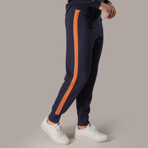 calca jogger em trico listrada azul marinho